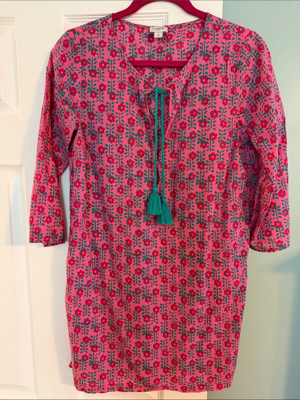 J. Crew Pink and Teal Floral Tassel Swim Coverup